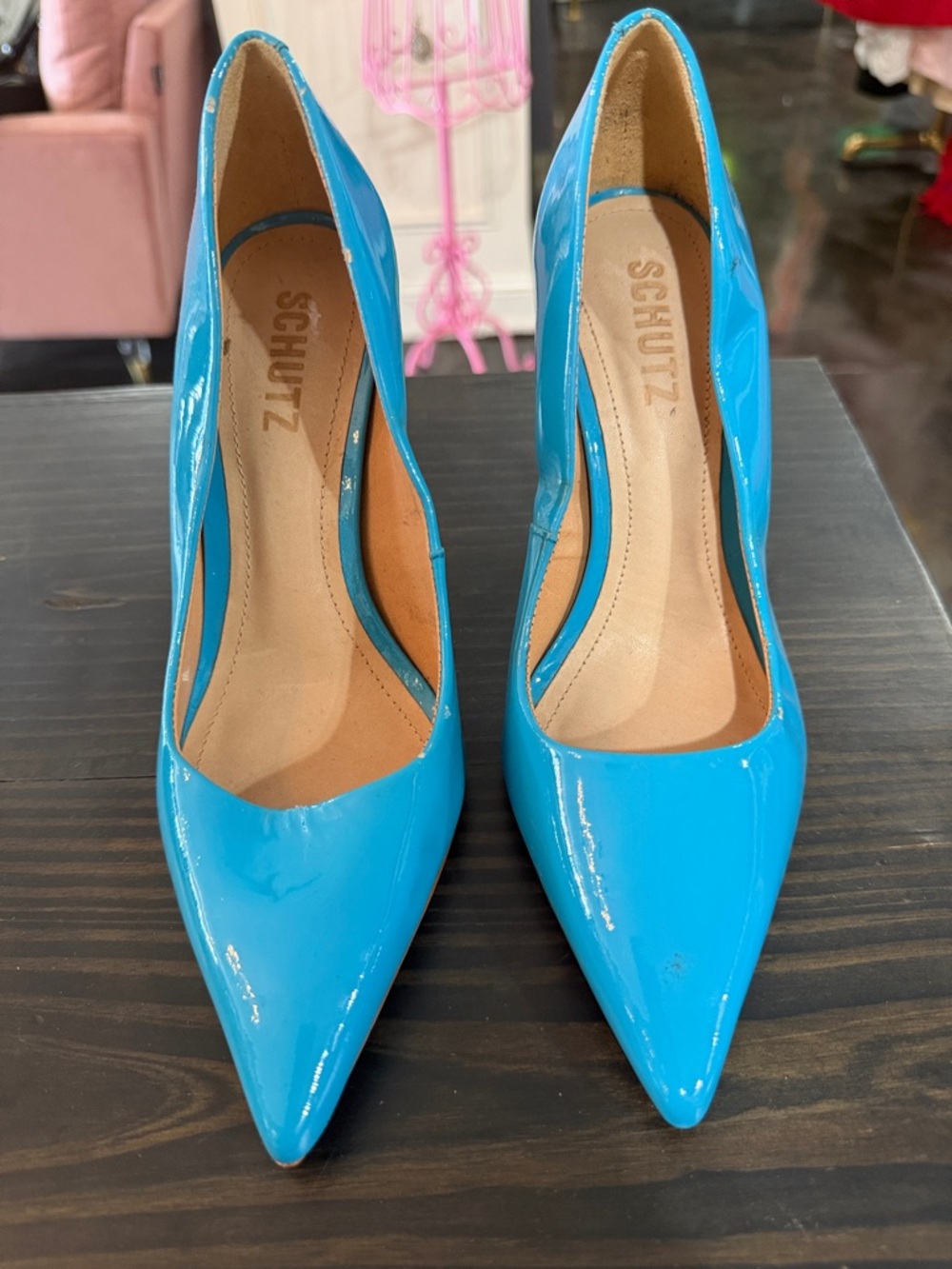 SCHUTZ Patent Pointed-Toe Pumps in Bright Blue